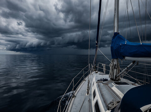 Sailboat Approaching Dramatic Storm Clouds Over Calm Sea.