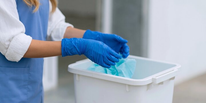 Person disposing medical waste in bin