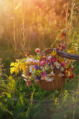 Obraz premium Beautiful summer nature background. colorful wildflowers in wicker basket and butterflies on sunny meadow. Summer seasonal rustic landscape. relax, harmony, meditation atmosphere