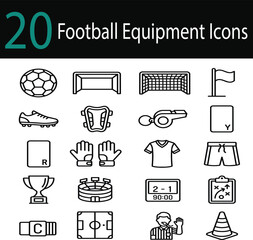 Football equipment vector icon set featuring soccer ball, goal, net, corner flag, cleats, shin guards, whistle, cards, gloves, jersey, shorts, stadium, referee, cone and field. © AbdulRehman