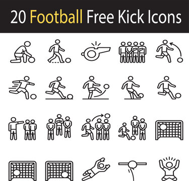 Football free kick icons set with editable outline style showing wall formation, referee whistle, ball placement, curved shot, goalkeeper save and goal scoring actions.