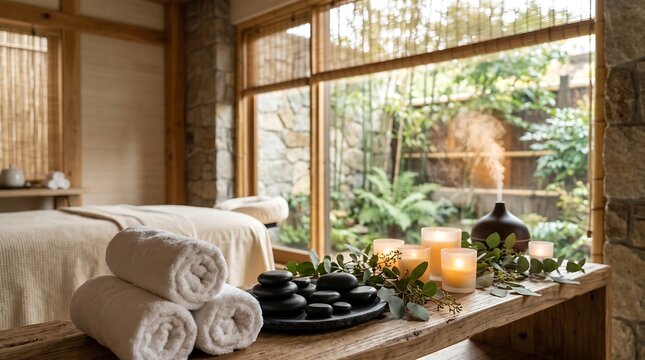 Relaxing spa interior with aromatherapy diffuser and massage table wellness relaxation aromatherapy diffuser treatment serenity lifestyle interior holistic skincare environment meditation