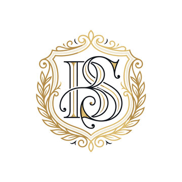 Shield crest monogram with laurel wreath and initials.