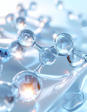 Abstract blue molecular structure featuring sparkling glass spheres evoking pure hydration and scientific innovation. Perfect background for cosmetic serum research, with nobody.
