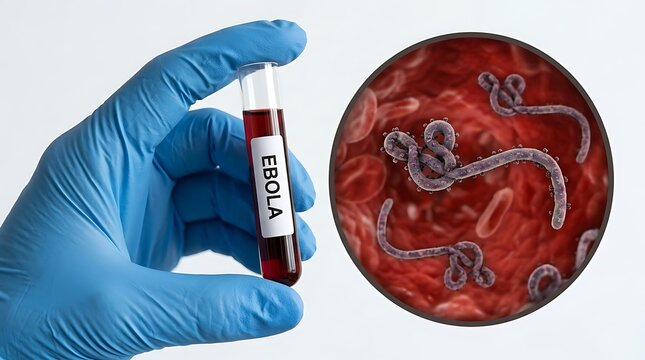 Gloved hand holding a test tube labeled ebola isolated on white background