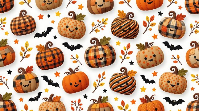 Autumn pattern with cute plaid striped and polka dot pumpkins bats leaves and stars on white background seamless 3D render texture