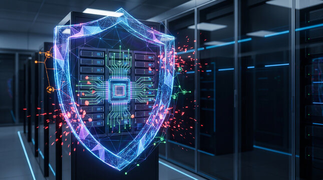 Abstract cybersecurity digital shield protecting server mainframe in high tech data center.