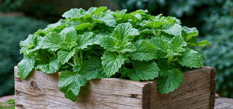 Vibrant catnip leaves flourishing in a textured wooden container, ideal for pet wellness and natural gardening.