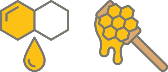 Honey honeycomb icons, dripping golden honey drop, wooden dipper wand vector © SKY DRIVE