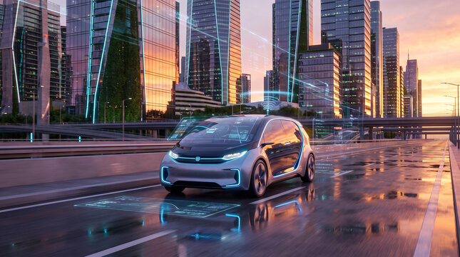 Autonomous electric car drives through futuristic city with digital overlays.