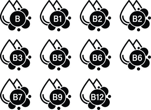 Vitamin B complex icons, 11 supplement vector elements, black health symbols