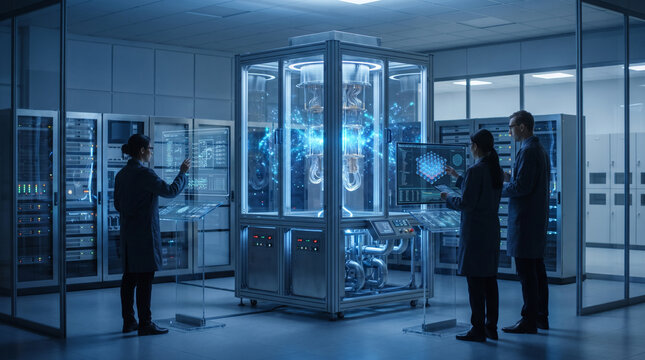 Team of scientists examining quantum computer project in advanced research facility labs.