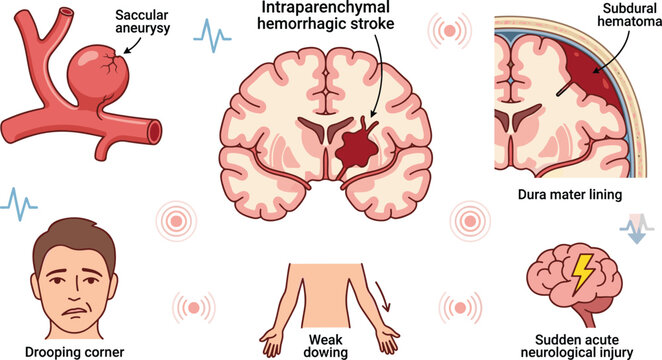 Intraparenchymal Hemorrhagic Stroke Illustration with Symptoms and Causes Featuring Saccular, Aneurysm