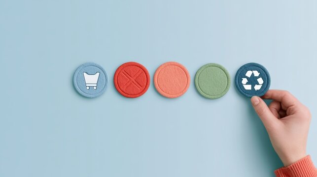 Product traceability, circular retail, product compliance, Hand Arranging Colorful Tokens for Retail Workflow and Compliance on a Light Blue Background