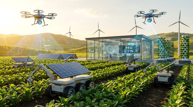 Precision farming with solar powered robots and drones monitoring vertical plant structures.