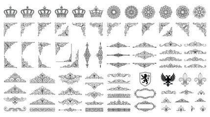 Royal golden heraldic crowns and filigree ornaments set. © Amir