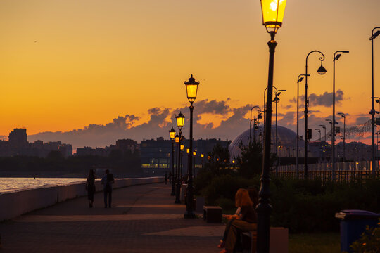 The promenade on Krestovsky Island at sunset. Saint Petersburg, Russia.