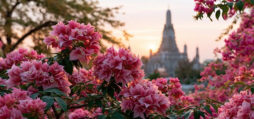 Obraz premium Tropical flowers brighten the foreground of a renowned Thai temple bathed in early morning sunlight.