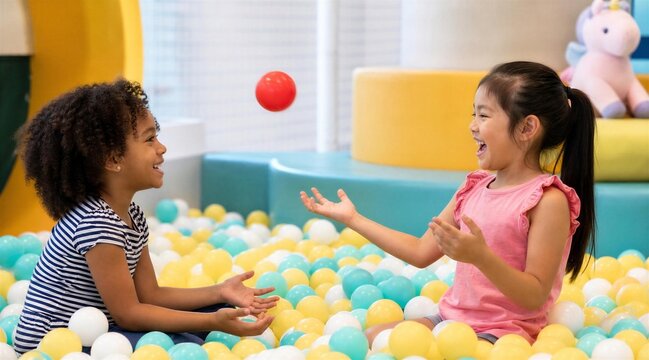 Two Girls Laughing and Playing in Colorful Ball Pit
