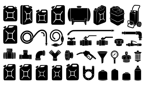 Fuel canister jerrycan and gas piping equipment vector silhouette set