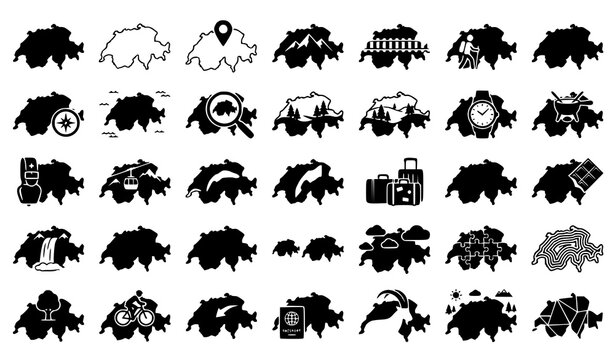 Switzerland map travel and culture icons set isolated vector illustration