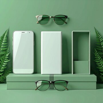 Modern Green Display with Glasses and Phone