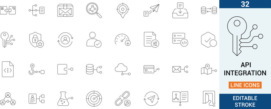 API Integration line icon set featuring endpoints, authentication, requests, webhooks, and testing. Professional editable vector illustration for developer apps.