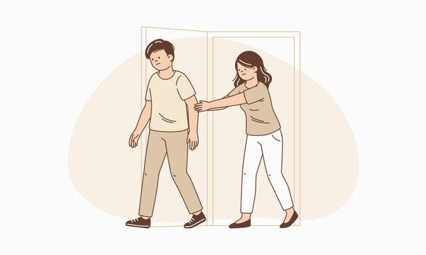 Woman Desperately Reaching out to Hold Back Man Walking out Door Vector