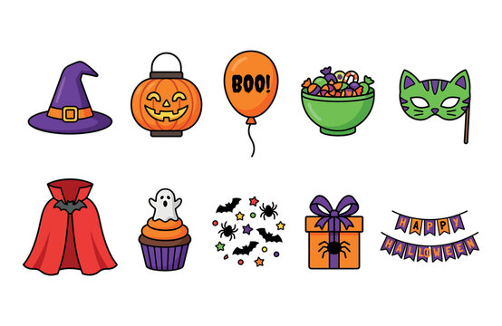 Halloween party decoration icons set with witch hat ghost cupcake and costume halloween elements