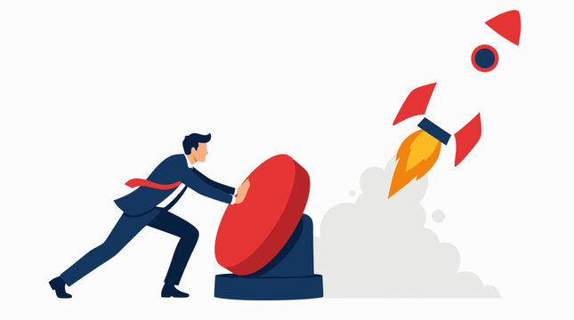Determined businessman pressing a giant red launch button as a rocket rises into the sky, dynamic flat vector illustration for startup growth, business venture, ambition, and acceleration