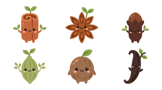 Cute cartoon spices with faces and leaves