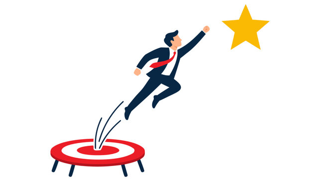 Ambitious businessman bouncing from a red target trampoline toward a golden star, goal achievement, career success and reaching new heights, energetic flat vector illustration on white