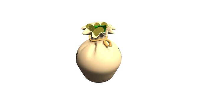 A 3D rendered animation of a full money bag with a dollar sign symbol overflowing with gold coins and banknotes rotating on white background.