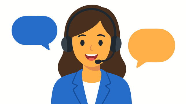 Friendly customer service representative wearing a headset and speaking into a microphone with colorful speech bubbles, modern vector illustration of communication, support, and call center service