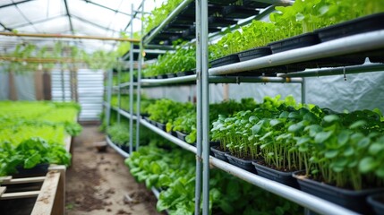 Fototapeta premium Multilevel greenhouse for growing plants illuminated by natural daylight. Drip irrigation and hydroponics system for the premises.