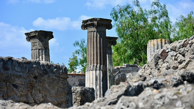 Ionic Columns, Partially Reconstructed, in Background Focus, Pompeii
