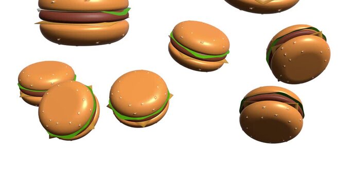 Animated 3D cheeseburgers falling across a white background in a playful food loop ideal for menus advertisements and culinary social media content.