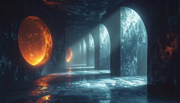 A mysterious scifi corridor features glowing orange spheres and ethereal blue light streaming through dark stone arches. This surreal atmospheric hall evokes awe with nobody present.