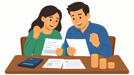 Obraz premium Happy couple reviewing financial documents at a kitchen table with calculator and stacked coins, warm flat vector illustration of household budgeting, savings, relief, and financial planning