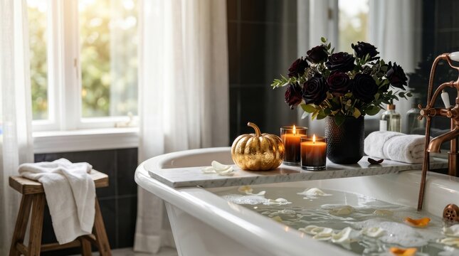 Luxury bathtub setting with gold pumpkin and dark roses for a moody halloween autumn bath time relaxation home decor concept.