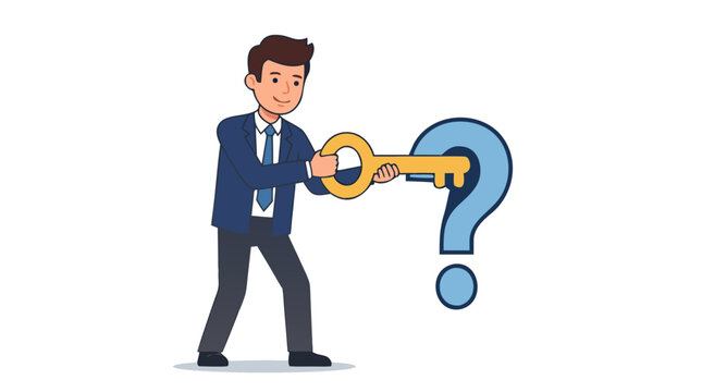 Smart businessman inserting a large golden key into a question mark keyhole, imaginative flat vector concept representing problem solving, answers, opportunity, strategy, and business decision making.