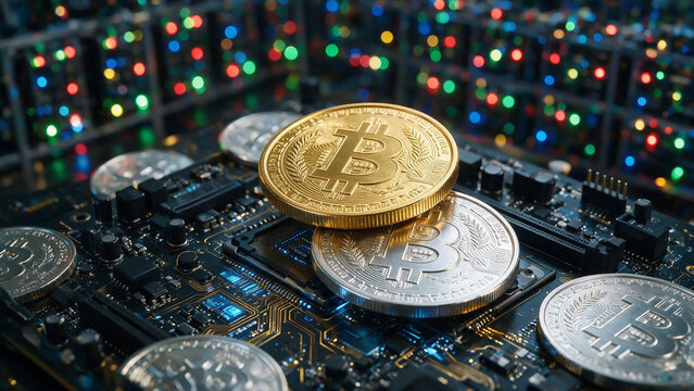 Single shiny golden Bitcoin coin placed on electronic circuit server board with colorful glowing lights, blockchain network technology asset, generative AI
