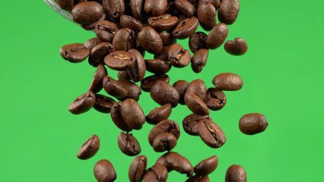 Coffee beans pouring down from a source against a vibrant green background, a dynamic and energetic capture of roasted coffee beans in motion.
