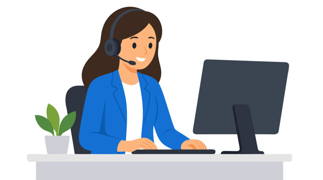 Friendly customer service representative wearing a headset at a computer desk, clean flat vector illustration of call center support, help desk assistance, communication, and office work