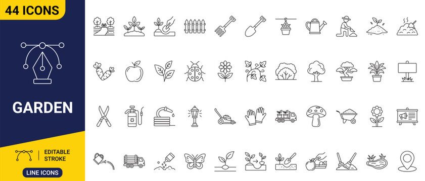 Garden icon set. Outline icons featuring gardening, plants, flowers, landscaping, nature, cultivation, and outdoor living. Editable stroke. Full vector.