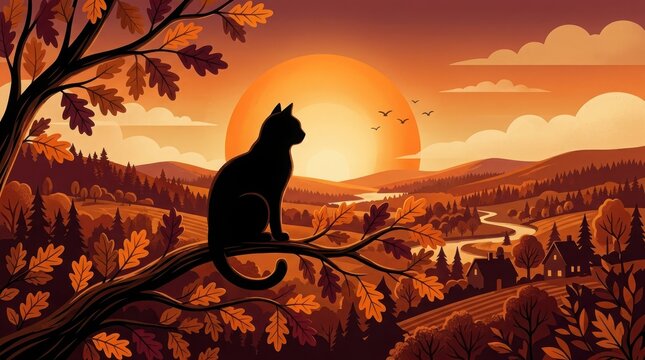 Black cat perched on a tree branch, observing a vibrant autumn sunset over rolling hills and a winding river.
