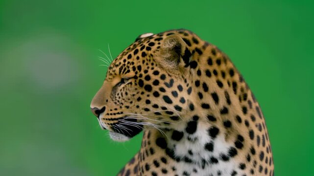 Leopard head turn in soft green bokeh background during daytime