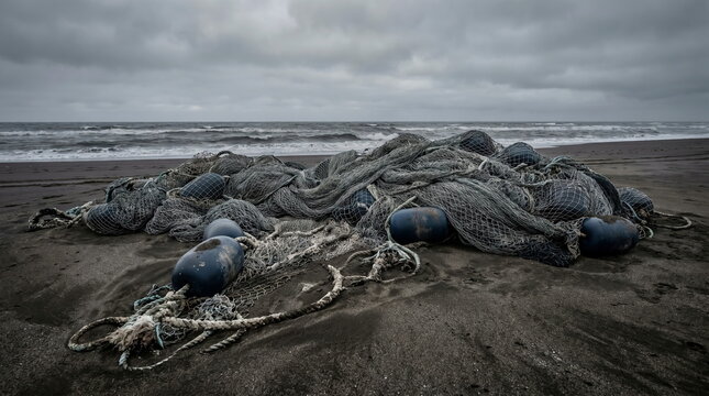 Tangled fishing nets piled on sandy beach with buoys, ocean pollution and marine waste concept