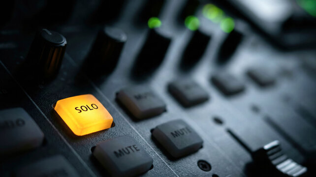 Glowing solo button on audio mixing console with mute controls, music production studio concept