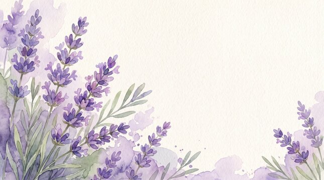 Hand painted watercolor lavender flowers border on textured paper background with copy space